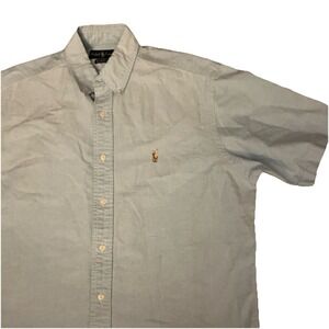 Ralph Lauren Mens Medium M Button Up Shirt Blue Short Sleeve Cotton Flesh Pony